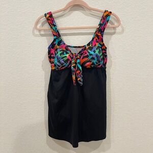 Longitude Black Tankini Swim Top‎ Tie Front Abstract Print Size 14